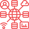 Deze icoon toont een wereldbol die verbonden is met digitale elementen zoals cloud, gebruiker, en data.
