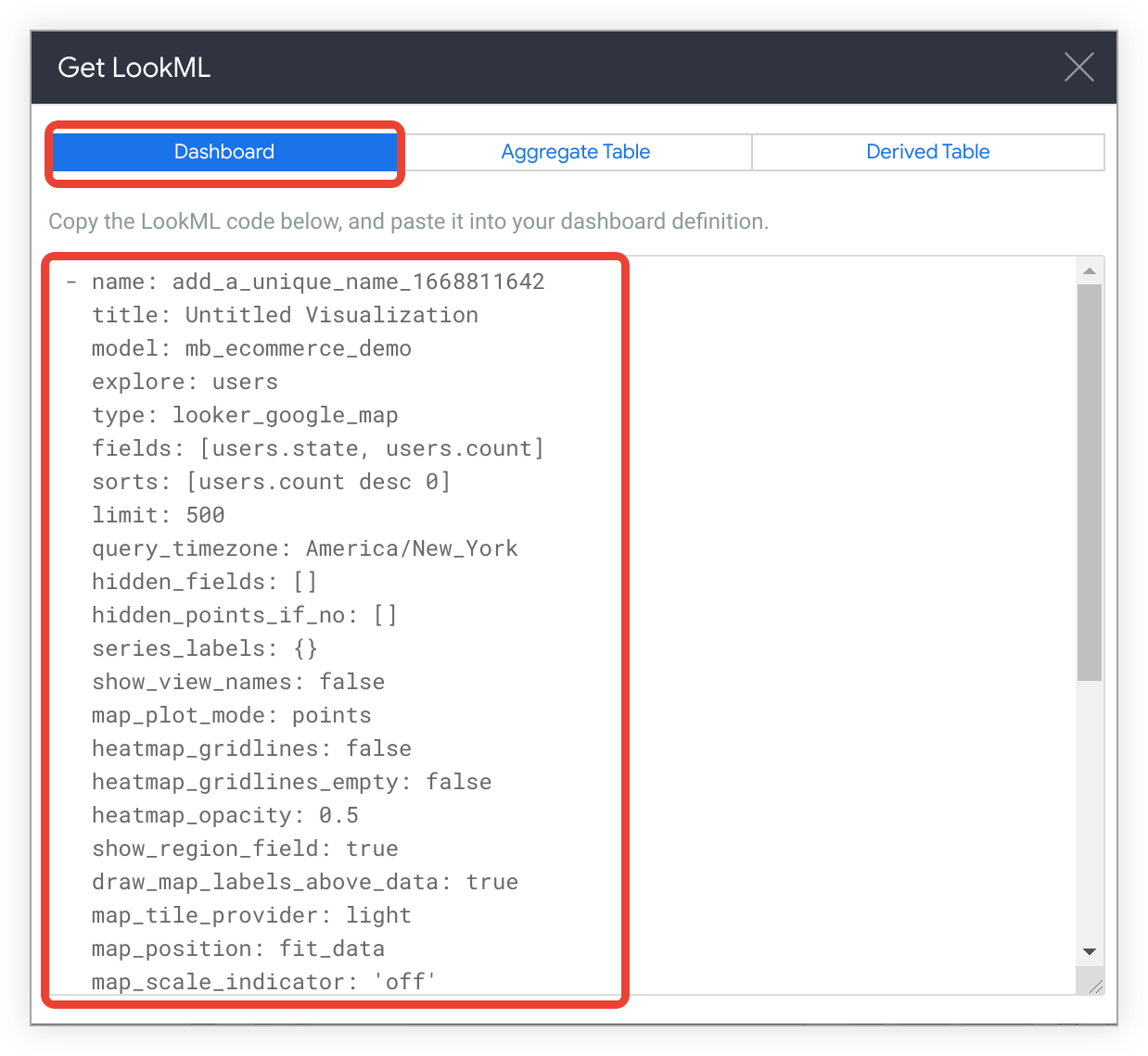 Schema van LookML Dashboards.