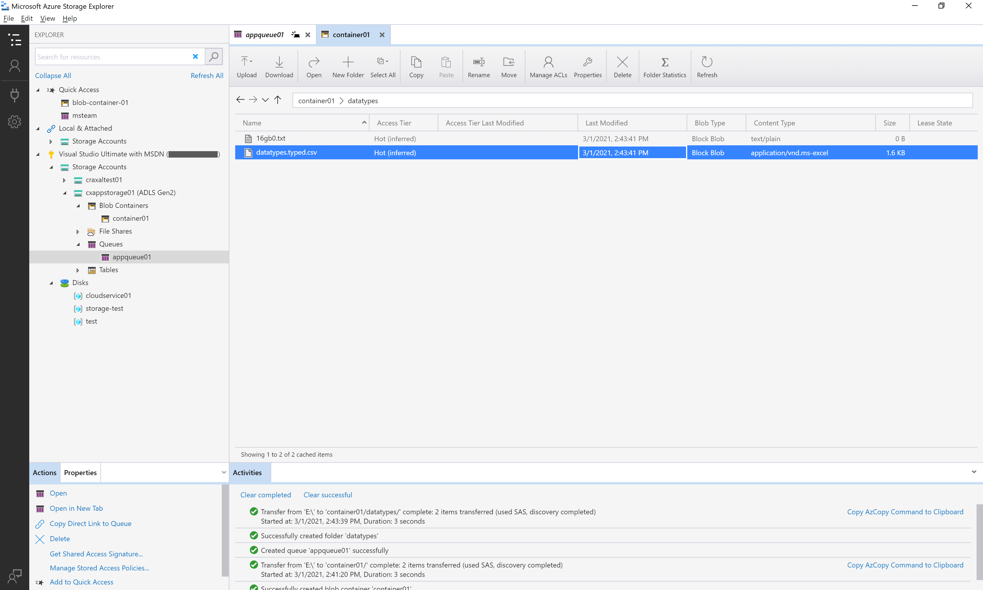 Screenshot van Azure Storage Explorer software.