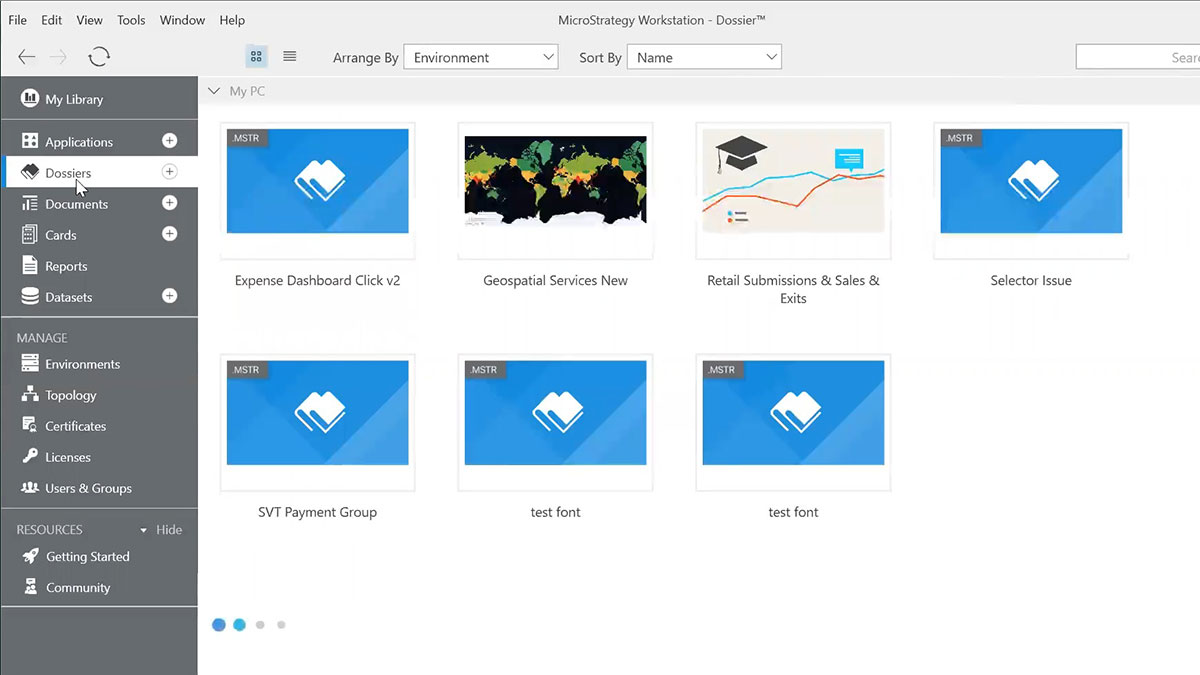 Screenshot van MicroStrategy Dossier software.