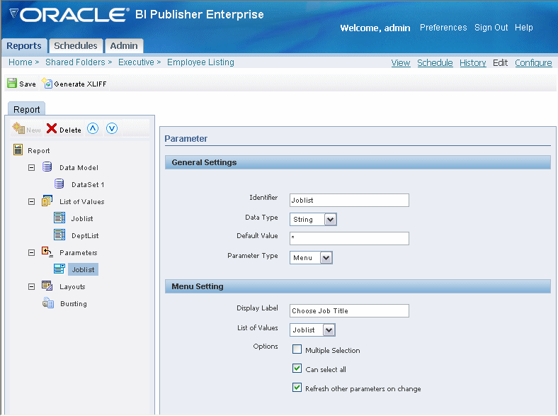 Afbeelding van Oracle Business Intelligence Publisher tools.