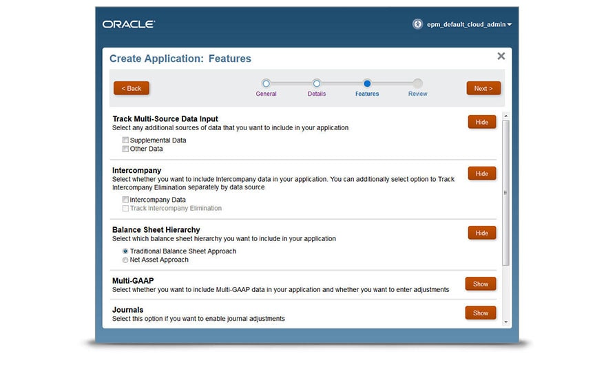 Screenshot van Oracle Financial Consolidation software.