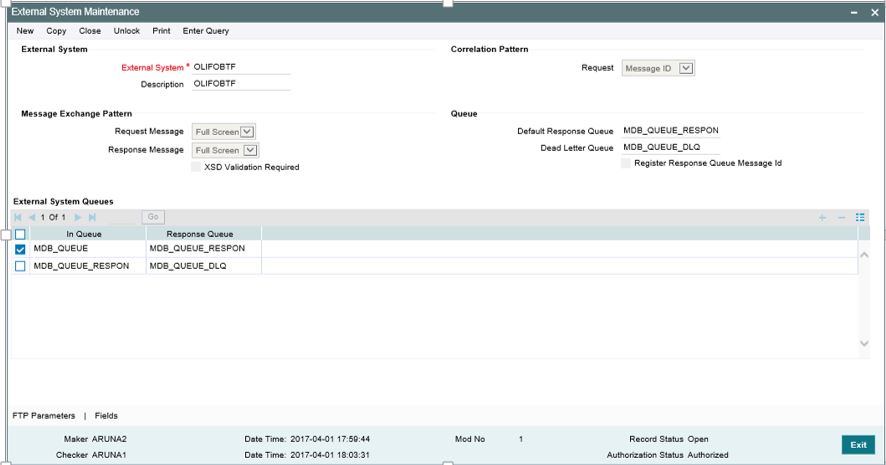 Screenshot van Oracle Flexcube Universal Banking software.