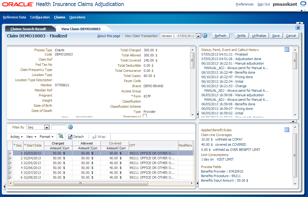 Screenshot van Oracle Insurance Insight software.
