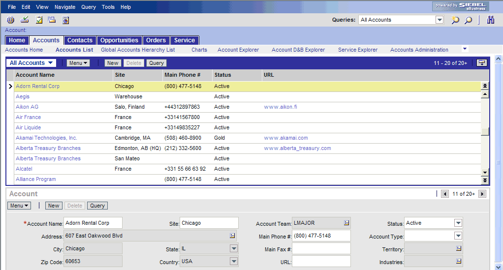 Screenshot van Oracle CRM software.