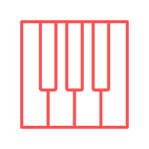 Icon met piano met 3 zwarten toetsen en vier witte toetsen