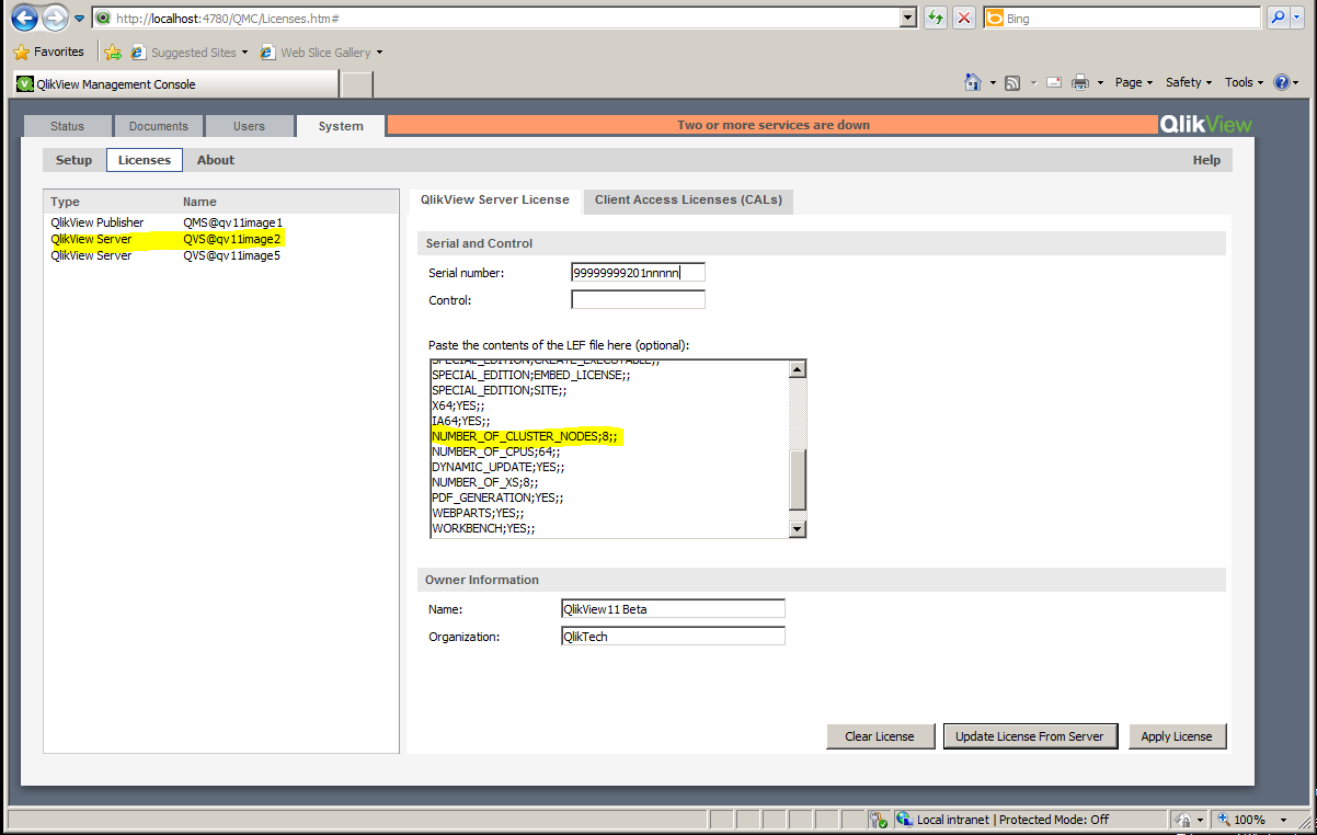 Screenshot van QlikView Server software.