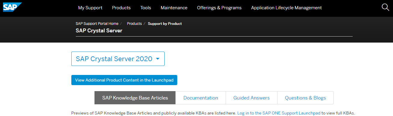 Screenshot van SAP Crystal Server software.