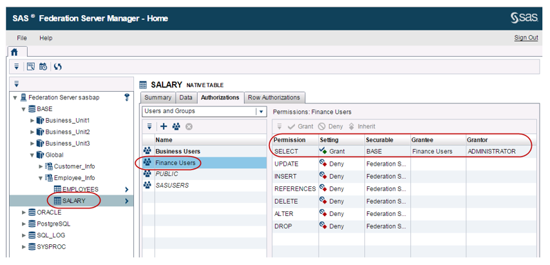 Screenshot van SAS Federation Server software.