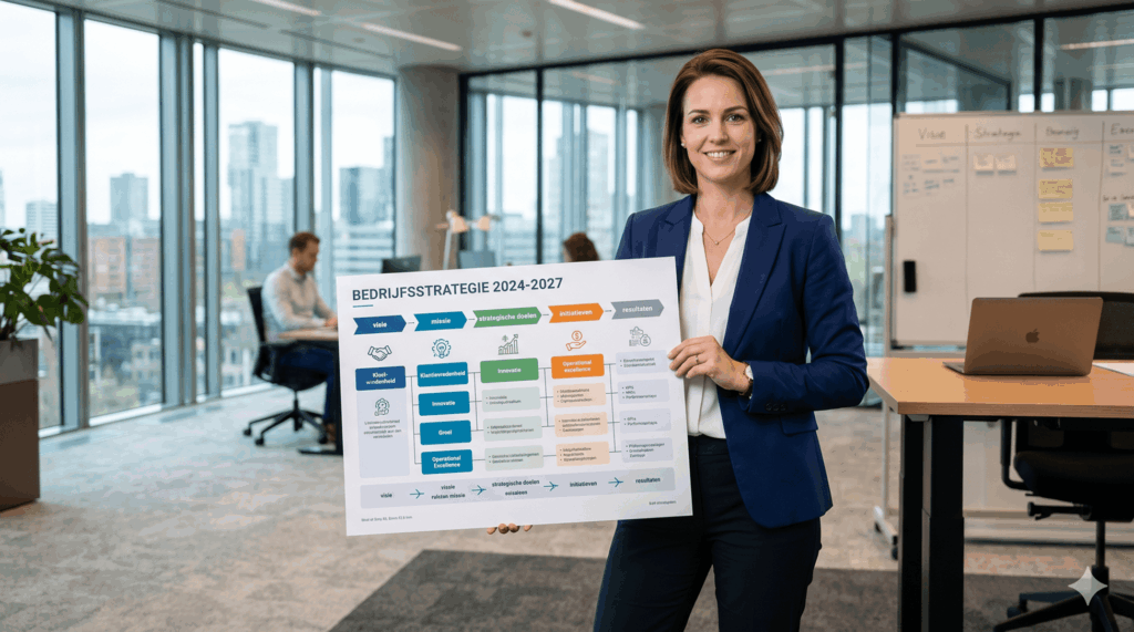 Foto van een zittende dame die voor zich uitkijkt, achtergrond een wereldkaart