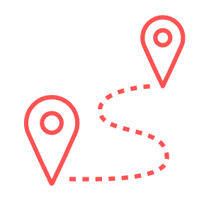 Icon met 2 locatiepins en een stippellijn ertussen