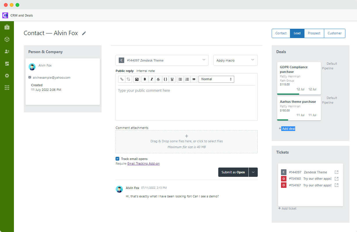 Screenshot van Zendesk CRM software.